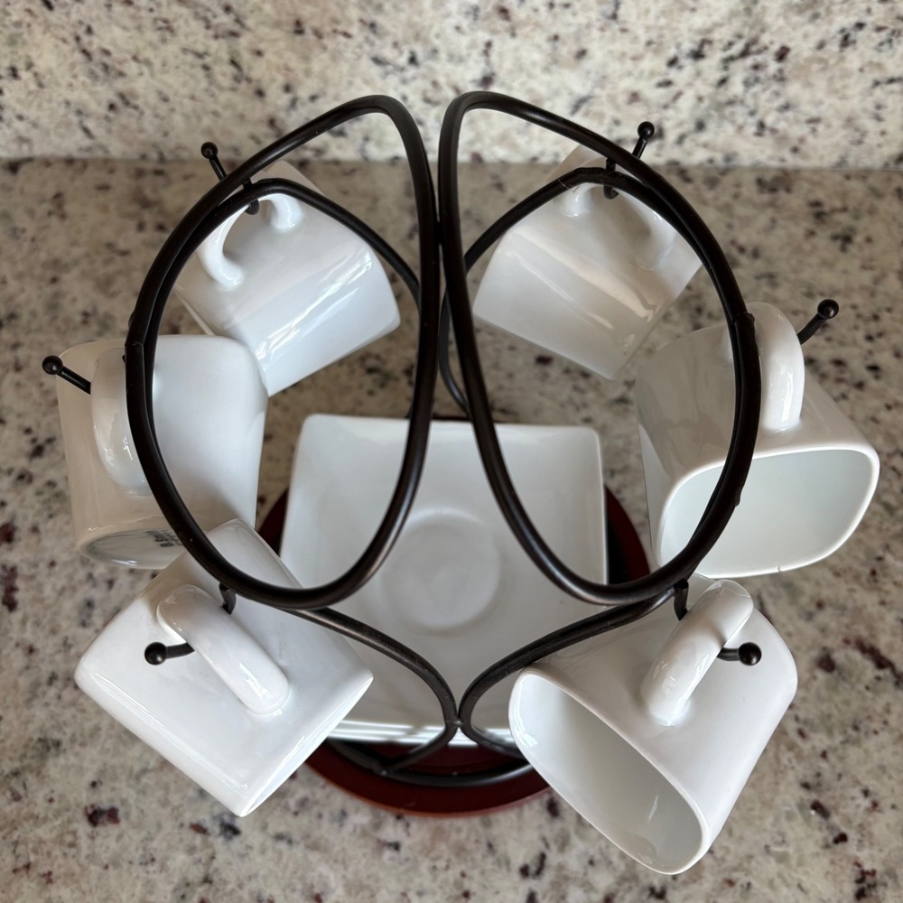 B. Smith Espresso Demitasse Set White Ceramic Square Cups Saucers Metal Rack - Picture 3 of 14
